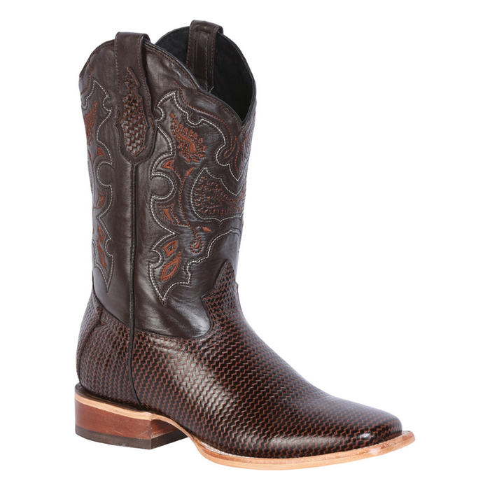 Brown cowboy boot with intricate stitching