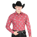Model wearing El General men’s red cowboy rodeo print long sleeve Western shirt