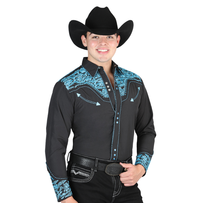 El General Men’s  Black and Blue Embroidered Charro Western Shirt