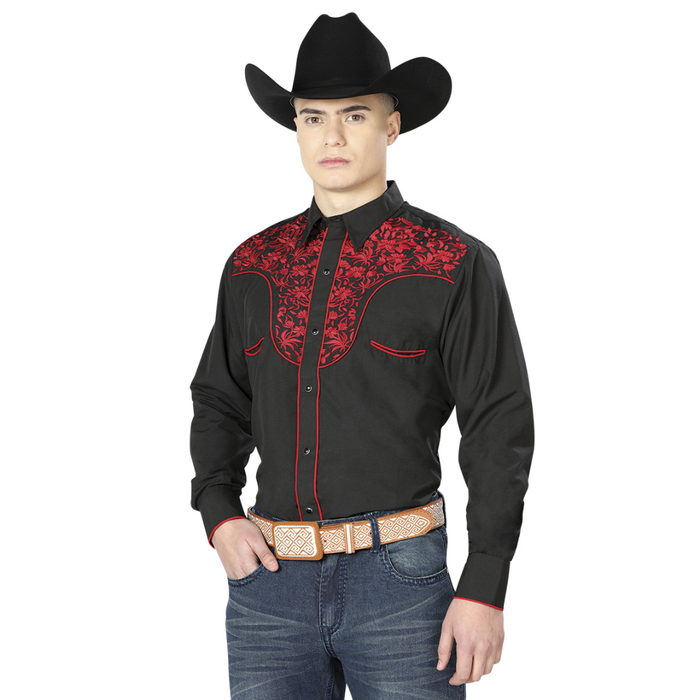 El General men’s black Western shirt with red embroidered yoke front view