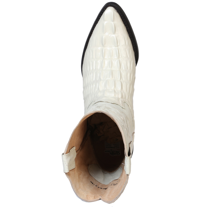 cowboy boot with exotic caiman belly texture print, pointed toe, and intricate shaft stitching – luxury western boot handcrafted from genuine leather.