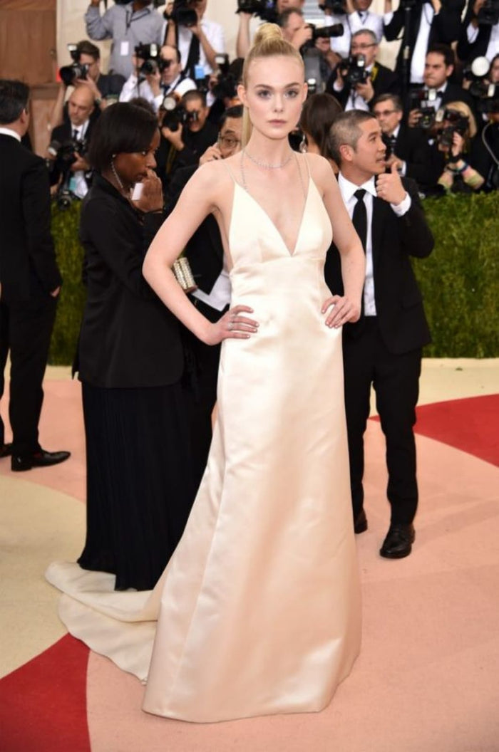 Elle Fanning Satin Slip Plunge Backless Celebrity Prom Dress