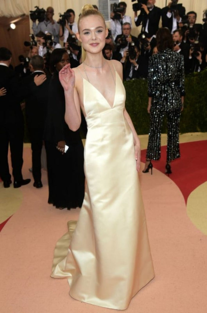 Elle Fanning Satin Slip Plunge Backless Celebrity Prom Dress