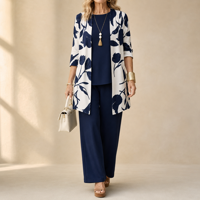 Evania – Women's Navy Botanical 3 Piece Outfit Set with Longline Cardigan