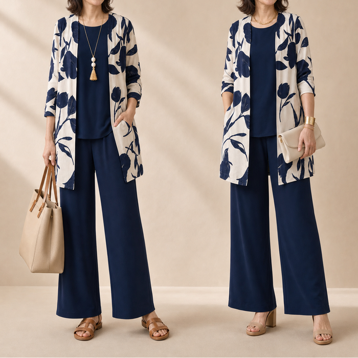 Evania – Women's Navy Botanical 3 Piece Outfit Set with Longline Cardigan