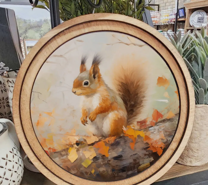 Fall Leaves and Squirrel Picture with Round Wood Frame