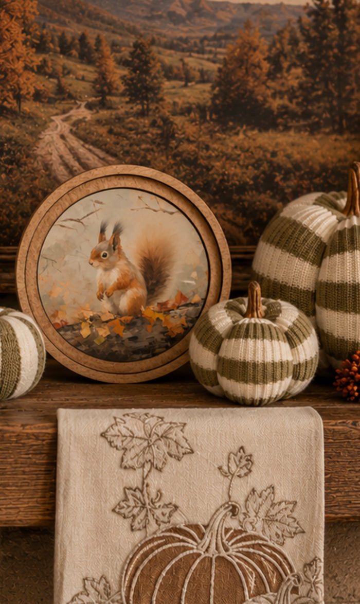 Fall Leaves and Squirrel Picture with Round Wood Frame