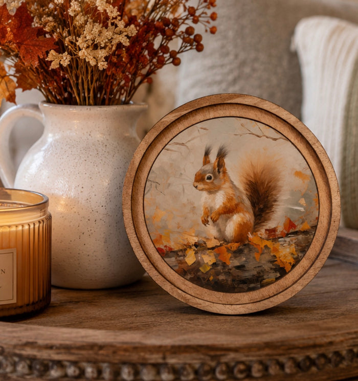 Fall Leaves and Squirrel Picture with Round Wood Frame