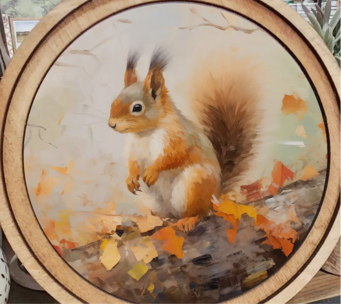 Fall Leaves and Squirrel Picture with Round Wood Frame