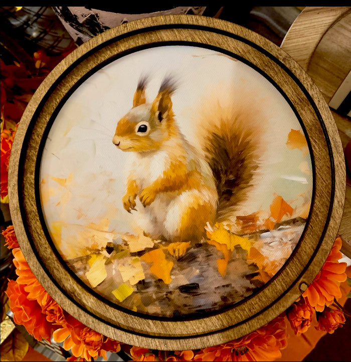Fall Leaves and Squirrel Picture with Round Wood Frame