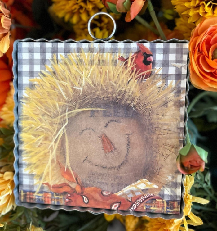Fall Straw Smiling Scarecrow Mini Print with Galvanized Frame
