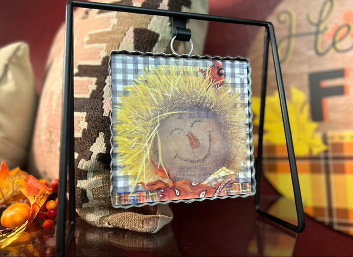 Fall Straw Smiling Scarecrow Mini Print with Galvanized Frame
