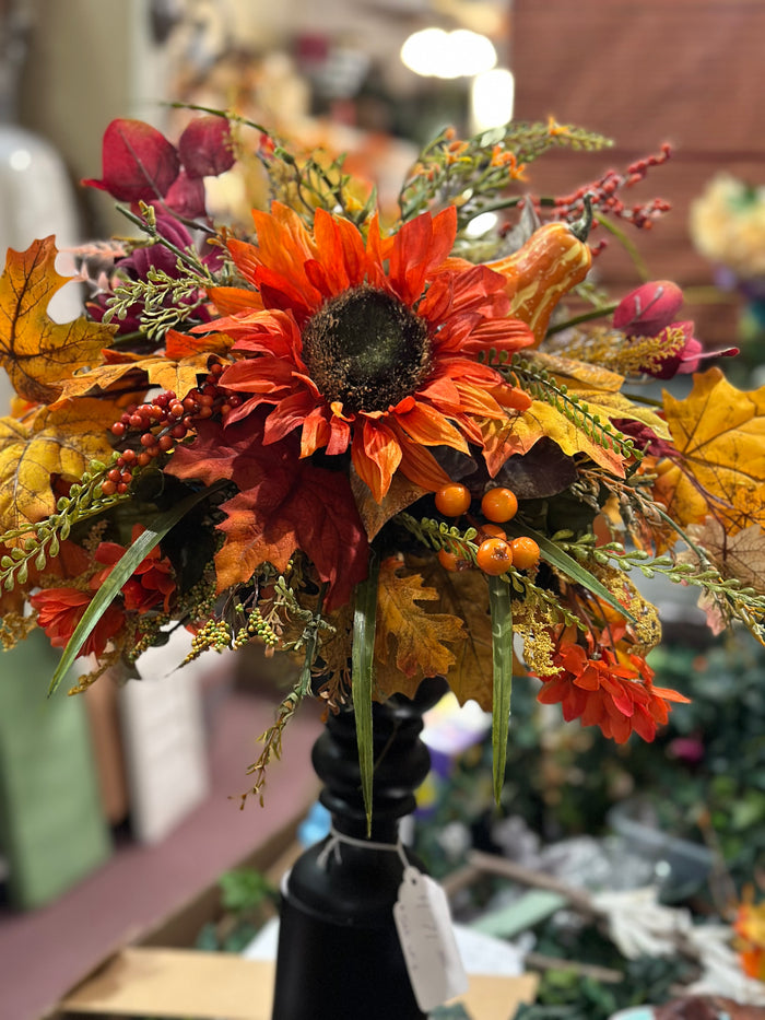 Fall Sunflower Mixed Foliage Arrangement on Tile
