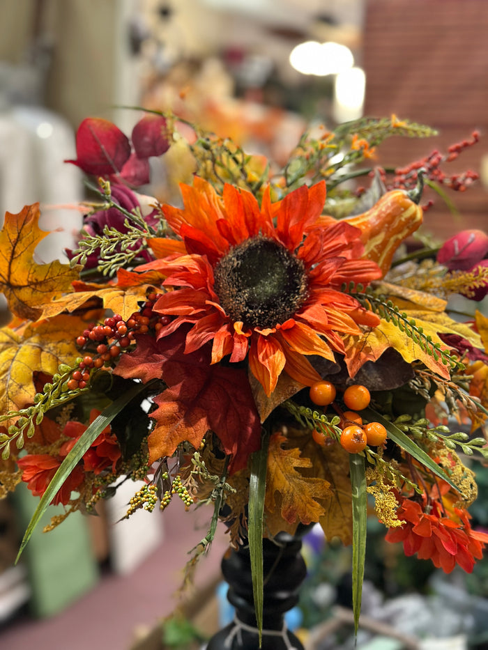 Fall Sunflower Mixed Foliage Arrangement on Tile