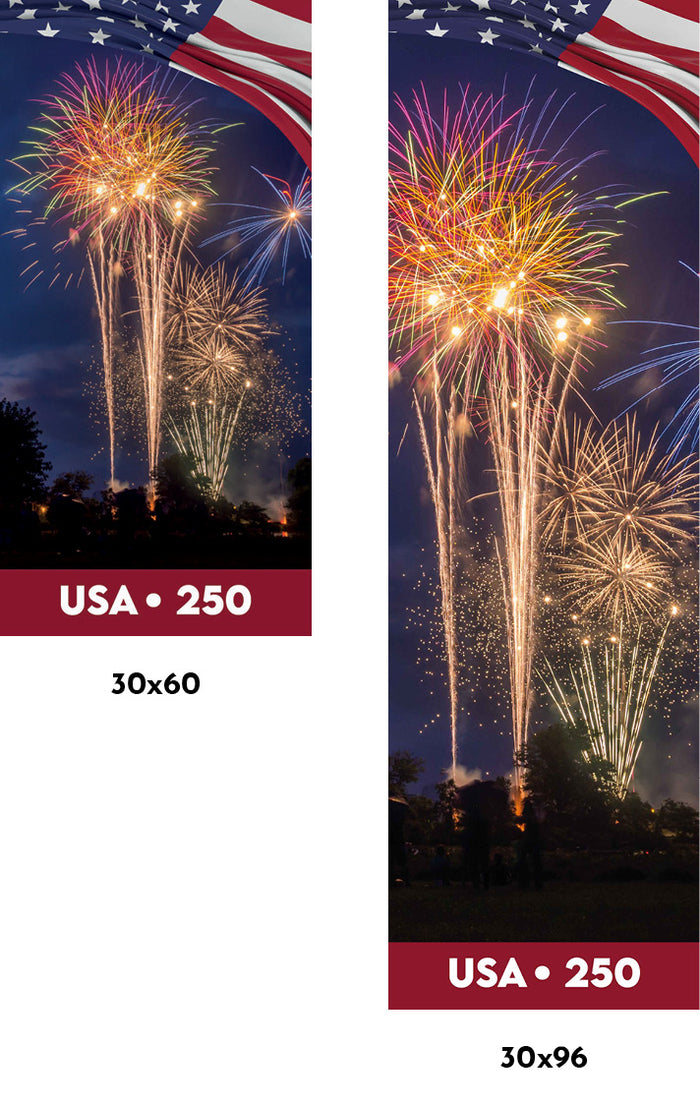 Two vertical banners with fireworks and American flags, labeled 'USA 250' and dimensions '30x60' and '30x96'.