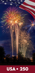 Fireworks display with the American flag and 'USA 250' text against a dark sky.