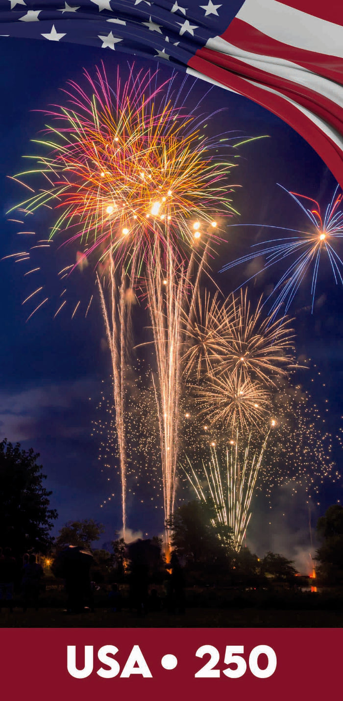 Fireworks display with the American flag and 'USA 250' text against a dark sky.