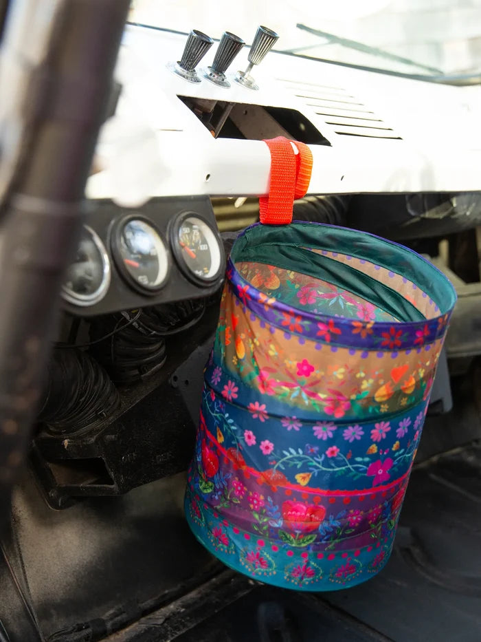Floral Borders Pop-Up Car Trash Bin - Navy Blue