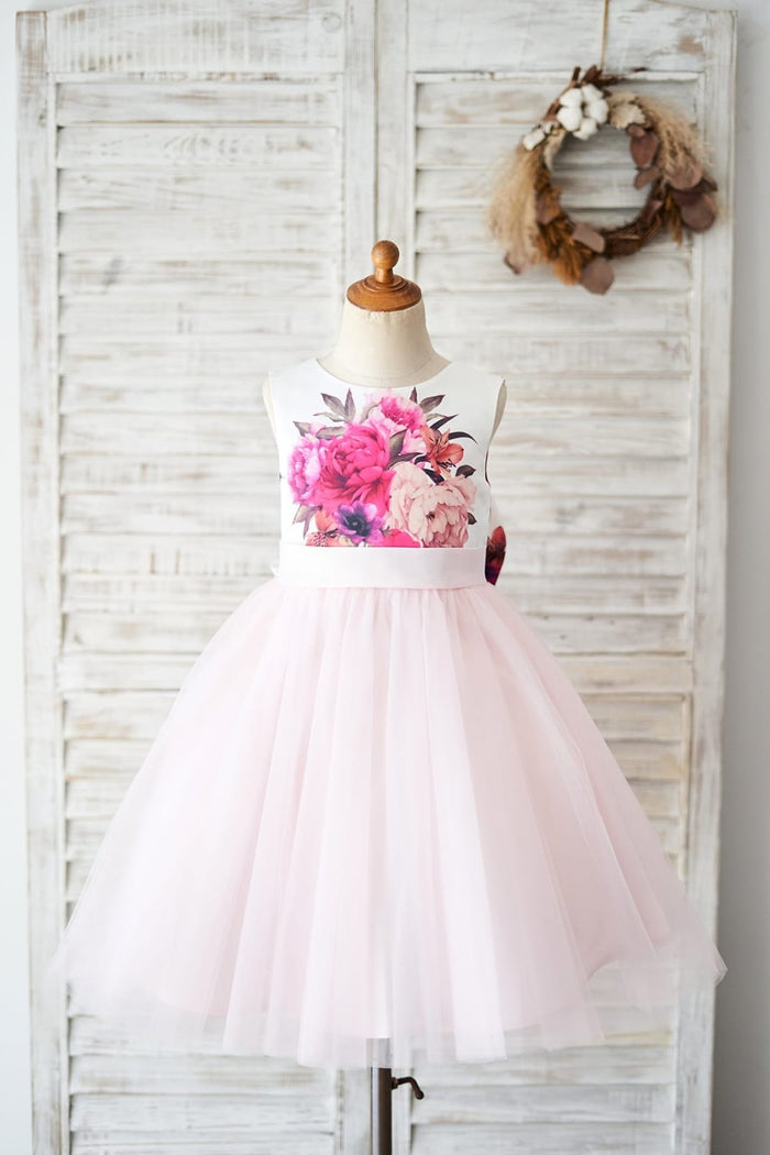 Floral Print Satin Pink Tulle V Back Wedding Flower Girl