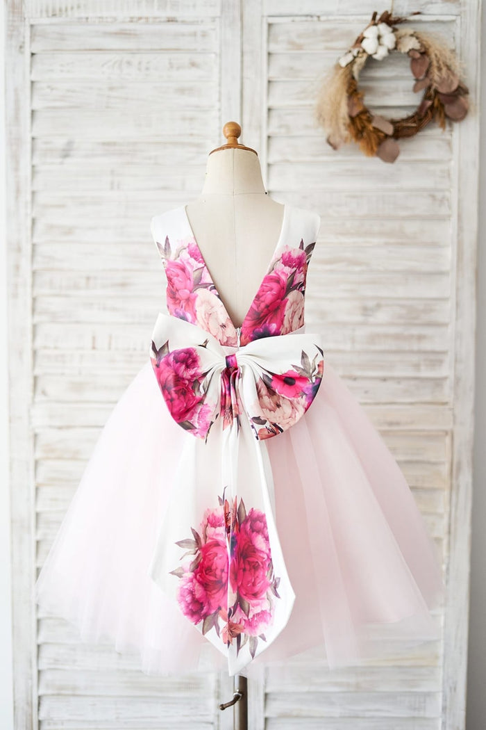 Floral Print Satin Pink Tulle V Back Wedding Flower Girl