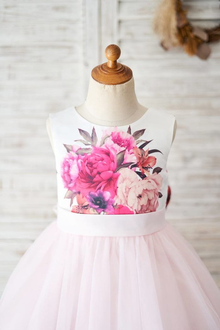 Floral Print Satin Pink Tulle V Back Wedding Flower Girl