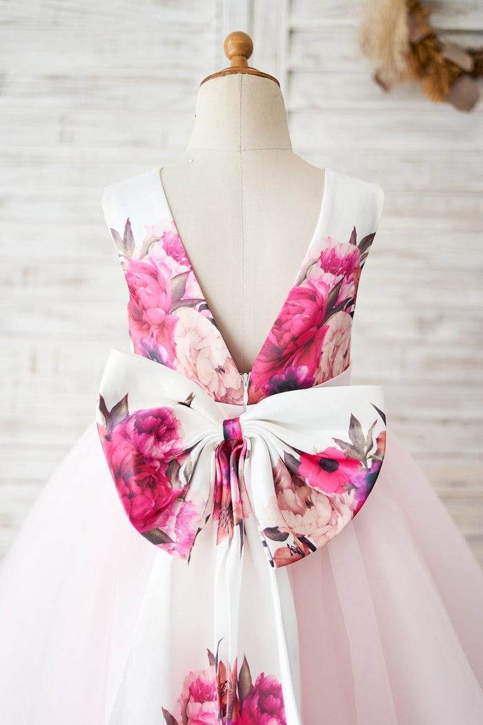 Floral Print Satin Pink Tulle V Back Wedding Flower Girl