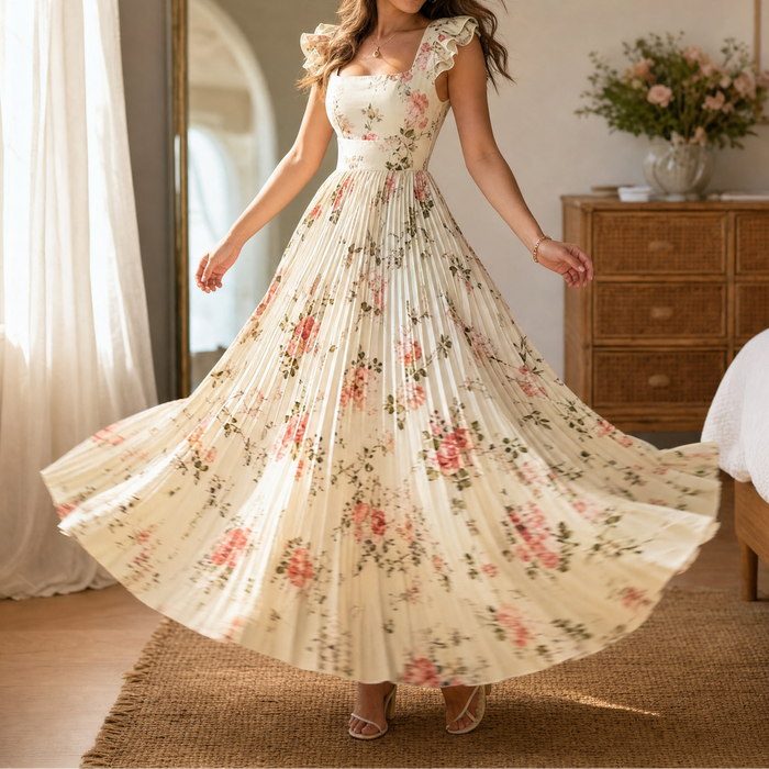 Florelle - Square-Neck Floral Pleated Maxi Dress