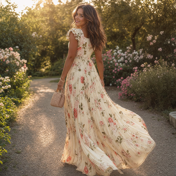 Florelle - Square-Neck Floral Pleated Maxi Dress