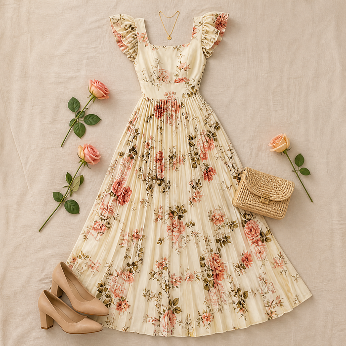 Florelle - Square-Neck Floral Pleated Maxi Dress
