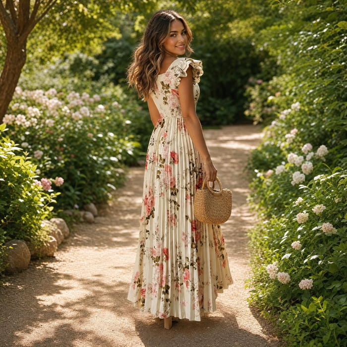 Florelle - Square-Neck Floral Pleated Maxi Dress