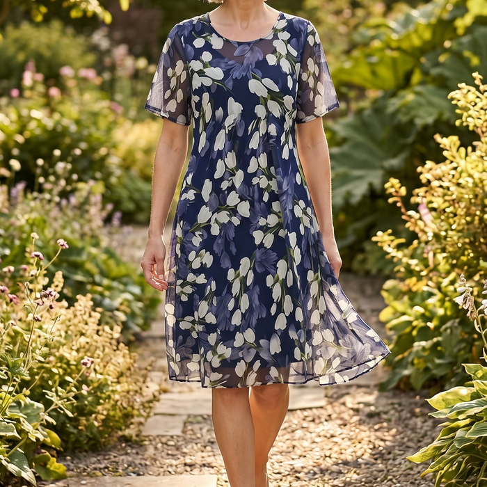 Florenza – Women's Elegant Navy Floral Midi Dress