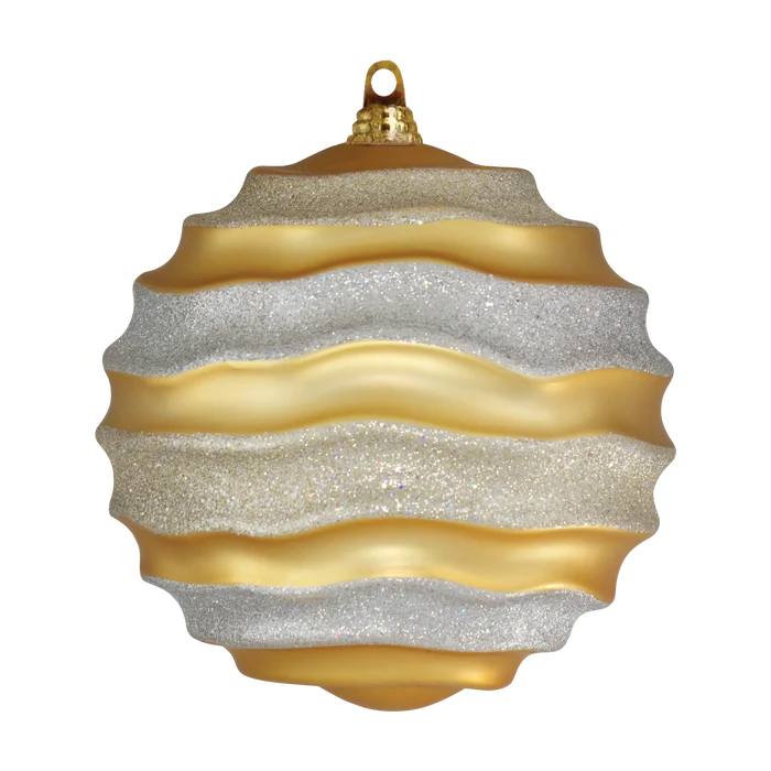 Gold and silver glitter wave ornament featuring alternating wavy bands, a round shape, and a gold hanging cap.