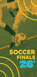 Soccer match in progress with players and a ball on a field, featuring text 'Soccer Finals 26' in yellow and blue.