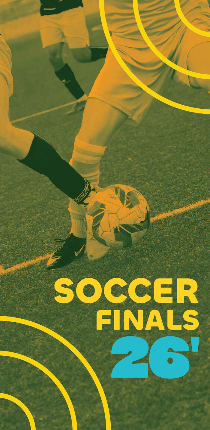 Soccer match in progress with players and a ball on a field, featuring text 'Soccer Finals 26' in yellow and blue.