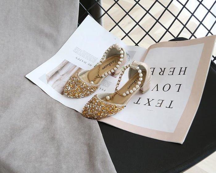 Gold / Silver Sequin Pearls Wedding Flower Girl Shoes