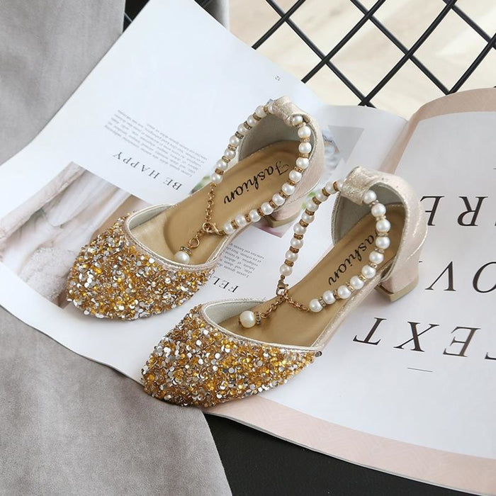 Gold / Silver Sequin Pearls Wedding Flower Girl Shoes