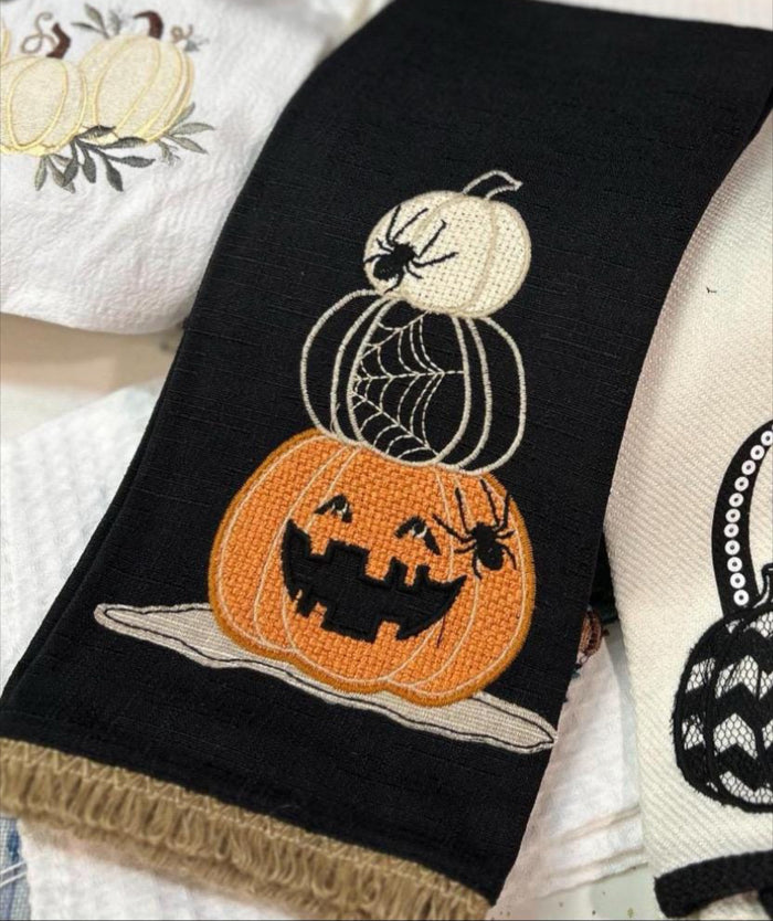 Halloween Jack-o-Lantern Stitched Black Towel