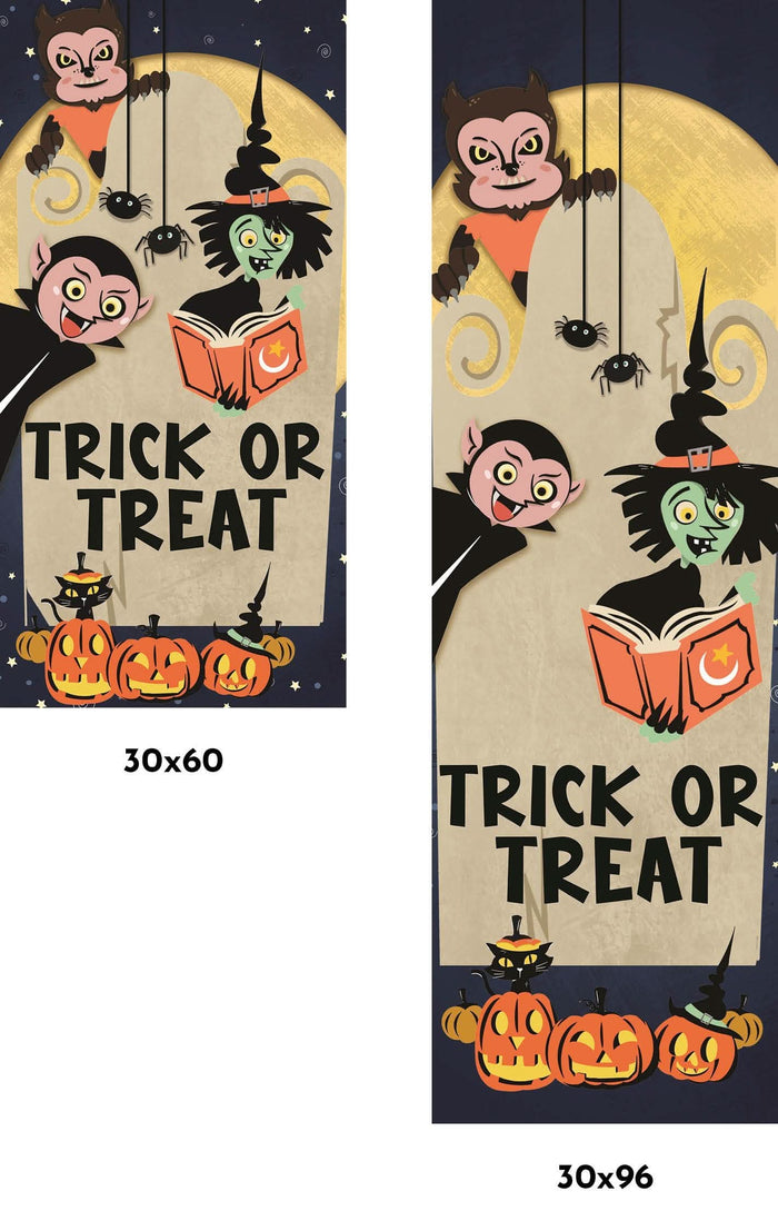 A colorful banner for Halloween trick-or-treat featuring a friendly witch, vampire, werewolf, and black cat. Text on the banner reads "Trick or Treat".