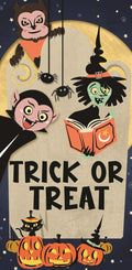 A colorful 30x60 banner for Halloween trick-or-treat featuring a friendly witch, vampire, werewolf, and black cat. Text on the banner reads "Trick or Treat".