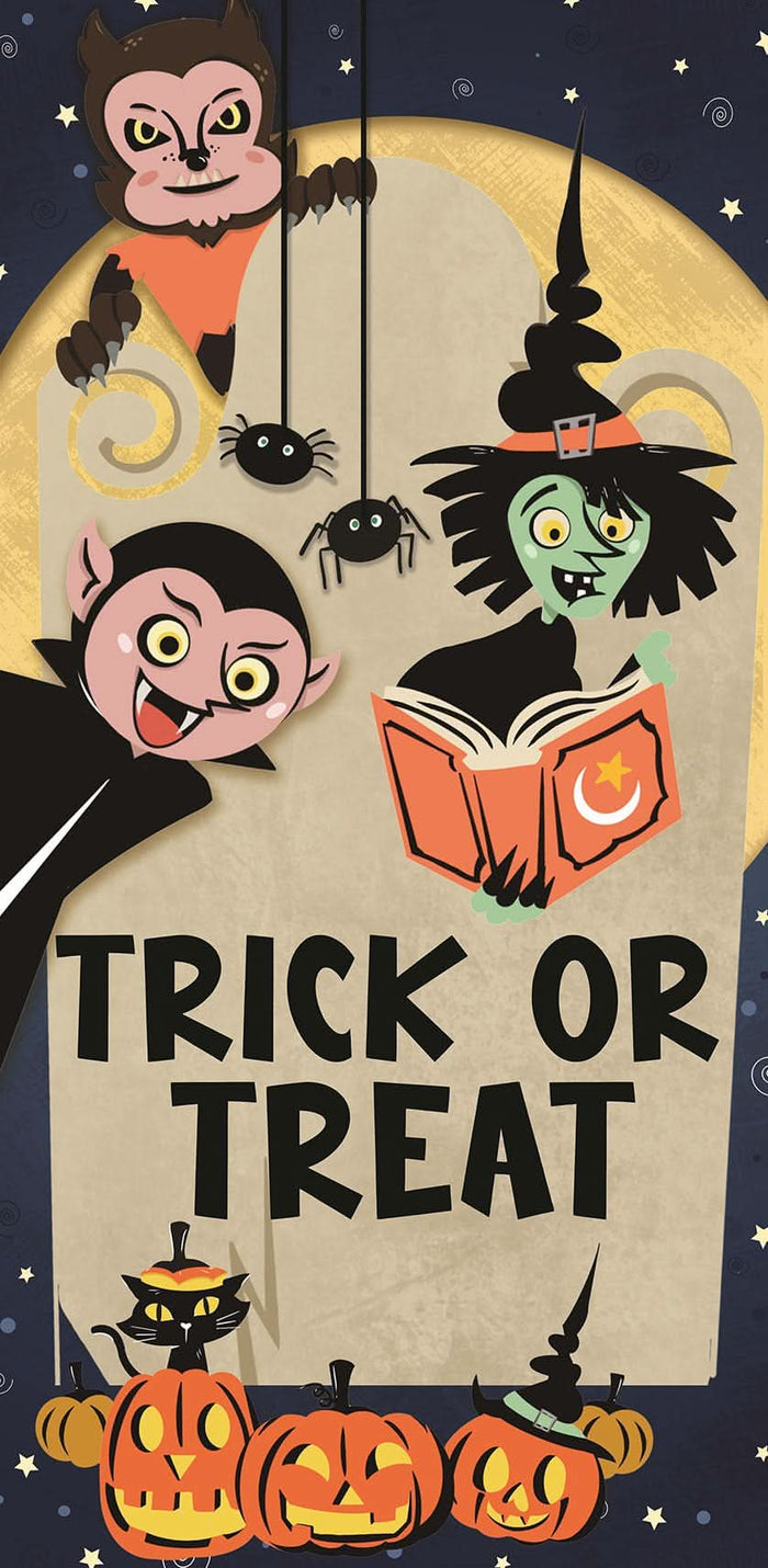 A colorful 30x60 banner for Halloween trick-or-treat featuring a friendly witch, vampire, werewolf, and black cat. Text on the banner reads "Trick or Treat".