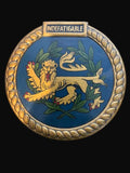 #Hand-Painted HMS Indefatigable Naval Crest Plaque – Wooden Maritime Display Emblem - Annapolis Maritime Antiques