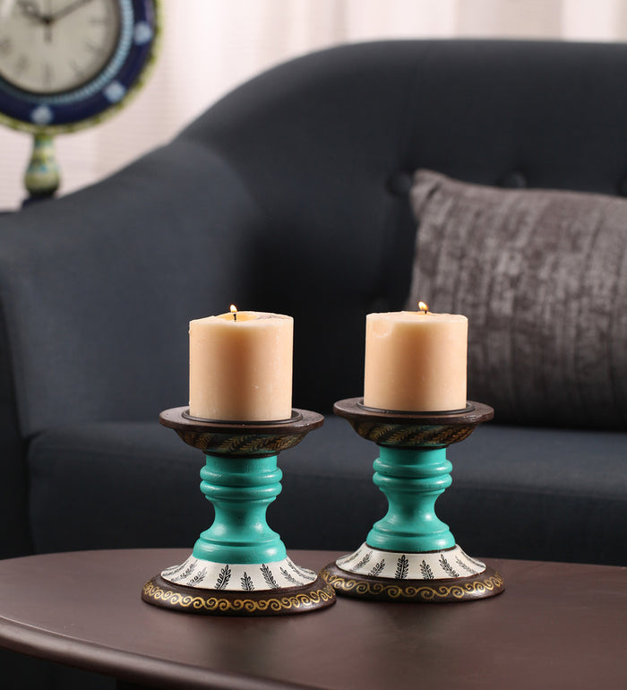 Hand Painted Teal Wood Candle Holder (Set of 2)