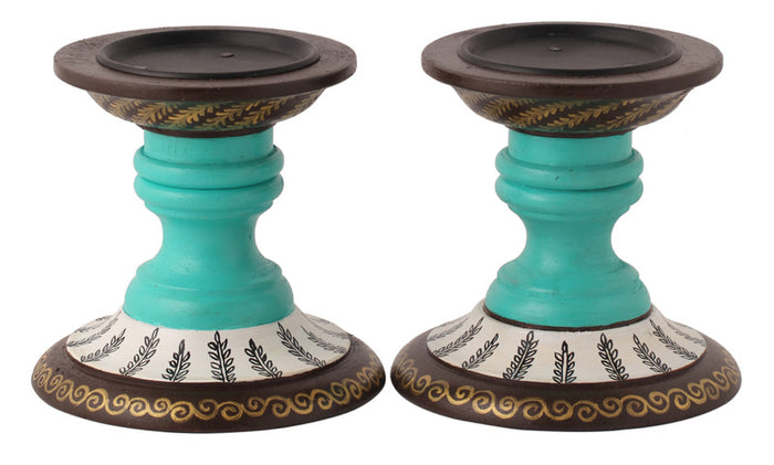 Hand Painted Teal Wood Candle Holder (Set of 2)