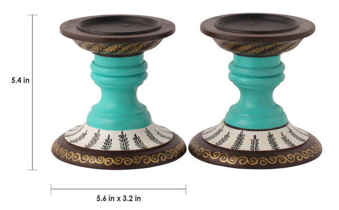 Hand Painted Teal Wood Candle Holder (Set of 2)