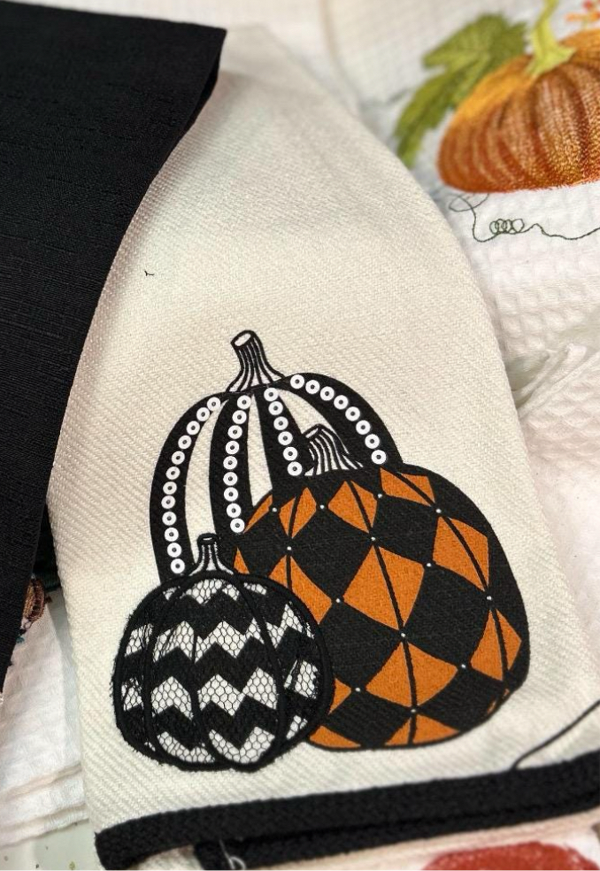 Harlequin, Chevron, Sequins Halloween White Orange & Black Towel
