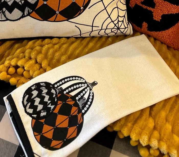 Harlequin, Chevron, Sequins Halloween White Orange & Black Towel
