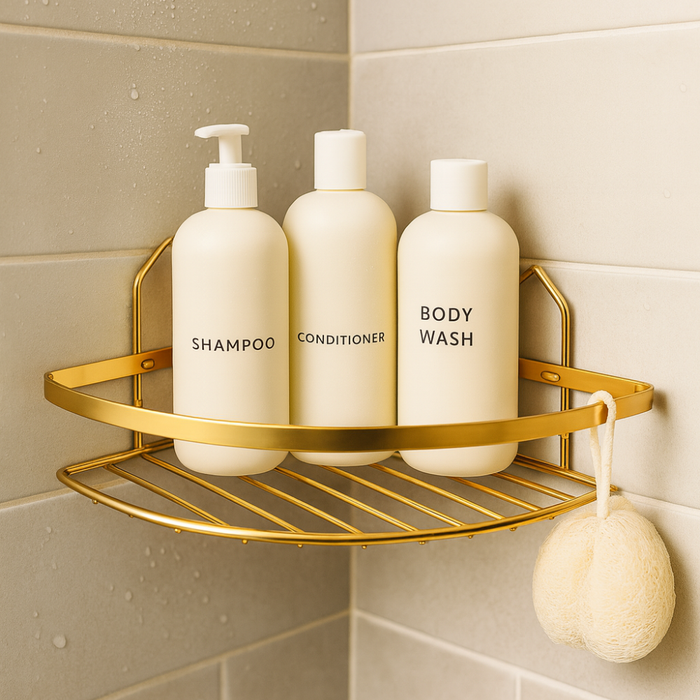 Primanova bathroom shelf contents and components flat lay