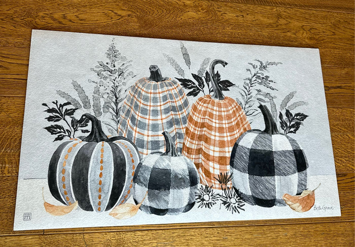 Hello Fall Plaid Door Mat Gray, White and Orange
