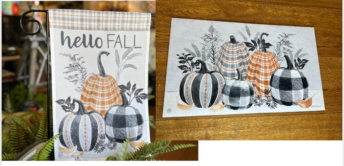 Hello Fall Plaid Door Mat Gray, White and Orange