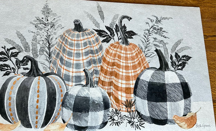 Hello Fall Plaid Door Mat Gray, White and Orange